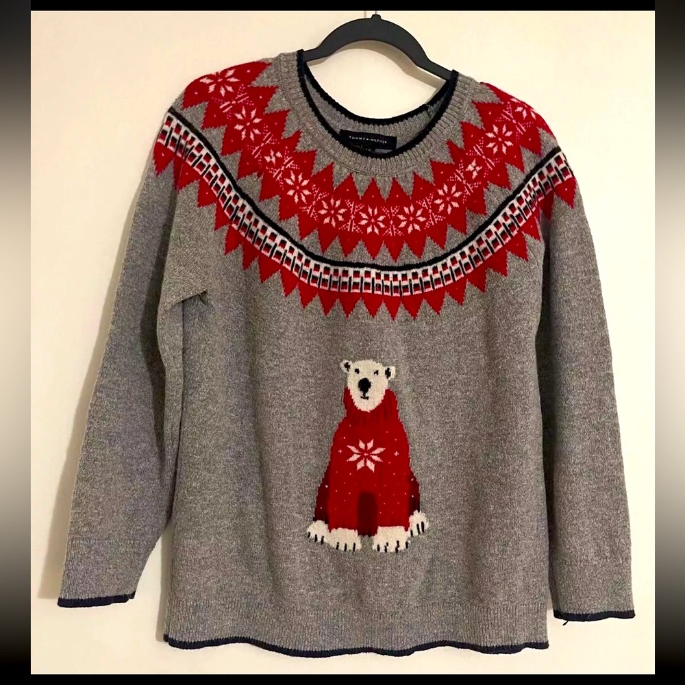 VINTAGE Tommy Hilfiger Sweater Red Yoke POLAR BEAR Nordic Wool Women's LARGE